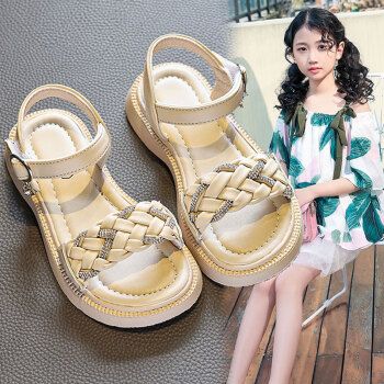 浪子闲话女孩平底凉鞋夏季新款6儿童12中大童夏天小学生时尚水米色29