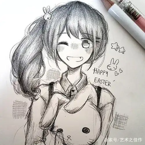 铅笔速写,可爱俏皮的卡通人物,萌萌的