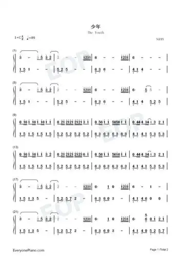 少年-c调简单版-愿你归来仍是少年-抖音热歌双手简谱预览1