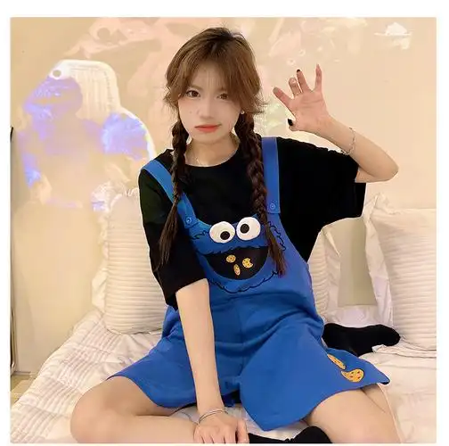 连体睡衣女夏季新款短袖纯棉背带可爱卡通学生可外穿家居服两件套