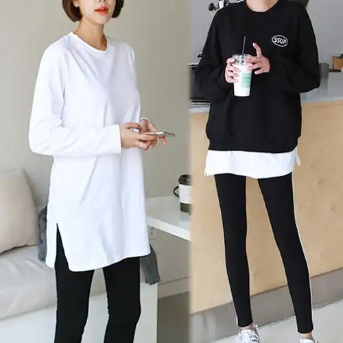 纯棉2021长袖t恤女宽松白色打底衫中长款叠穿搭配卫衣加绒加厚