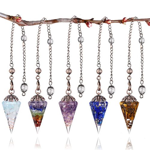 时尚古铜色天然水晶碎石树脂六角锥灵摆吊坠