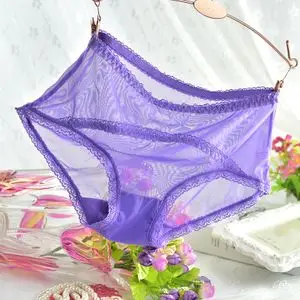 全透明性感蕾丝女士内裤女超薄冰丝网纱露毛诱惑胖中腰纯棉裆无痕