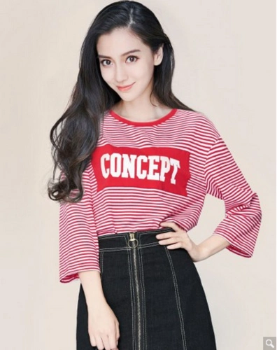 【angelababy明星同款】女款红白条九分袖t恤_精品服装_99优生活,有机