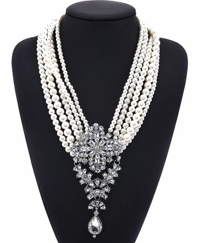 欧美大牌 多层珍珠水晶宝石水滴吊坠短锁骨项链夸张时尚饰品