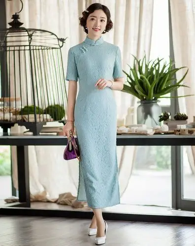 [逸红颜 初秋] 旗袍女夏 中长款蕾丝改良旗袍2018新款旗袍连衣裙