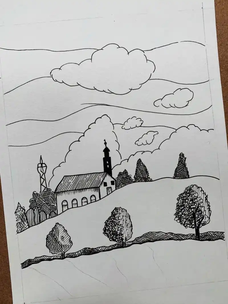 黑白风景画 这种线条画下来,眩晕症都要犯了