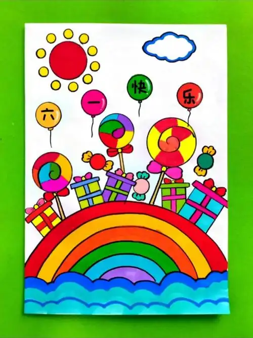 六一儿童节主题创意简笔画,彩虹桥上有好多