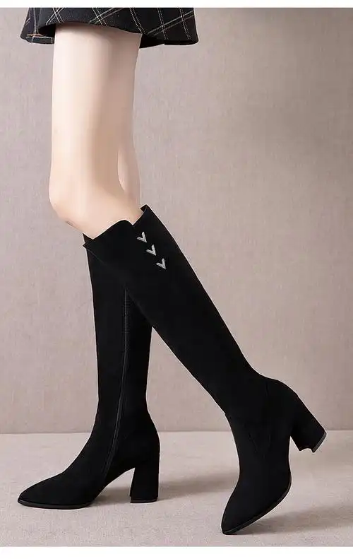 高跟尖头侧拉链骑士靴女秋冬长筒骑士靴不过膝尖头显瘦高跟鞋长靴女粗