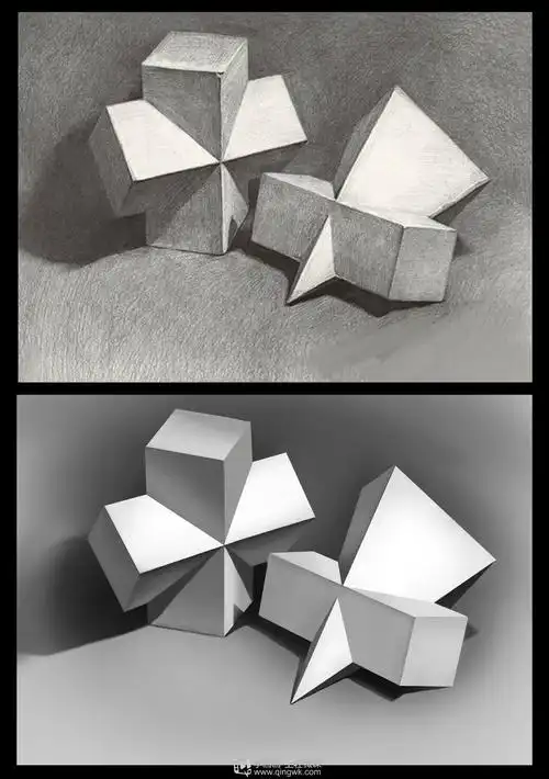 怎么画素描几何体四棱柱与四棱柱穿插体操作方法