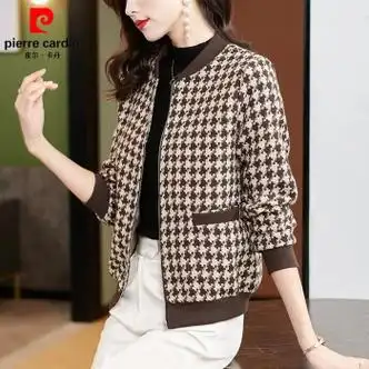 香风女士短款外套女春秋2023新款气质千鸟格棒球服上衣咖啡色m96105斤