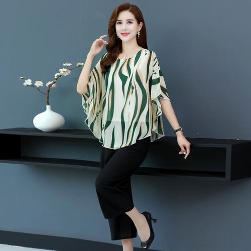 雪纺短袖妈妈夏装薄款中老年女装2021新款洋气大码上衣套装气质岁