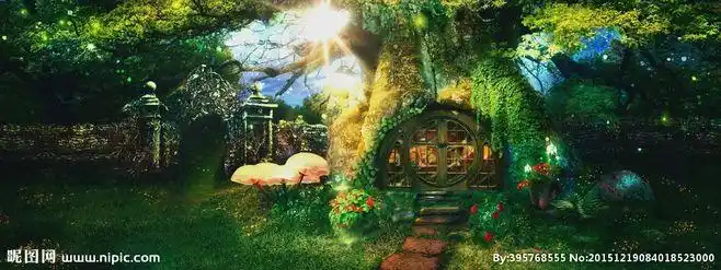 阳光森林系绿色大树木屋童话森系