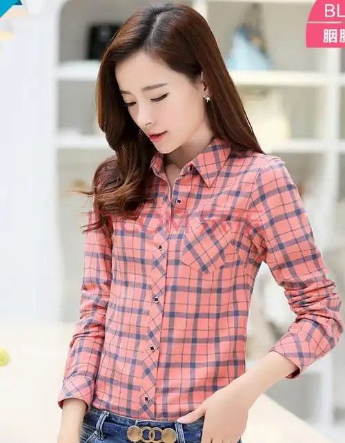 柏莉鸟春季新品女士纯棉格子长袖衬衫时尚休闲全棉法兰绒磨毛格子衬衣