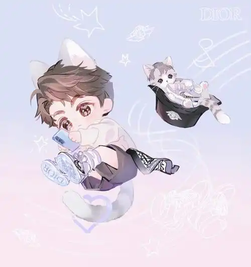 粉丝手绘王俊凯q版动漫形象 毛茸茸的猫儿不要太可爱