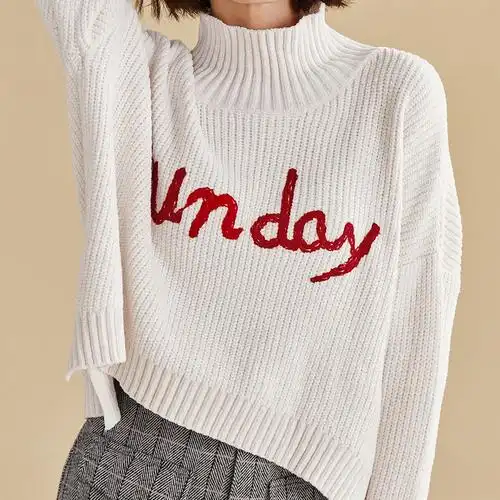 冬新品 高领撞色英文字母套头毛衣宽松休闲显瘦针织衫上衣