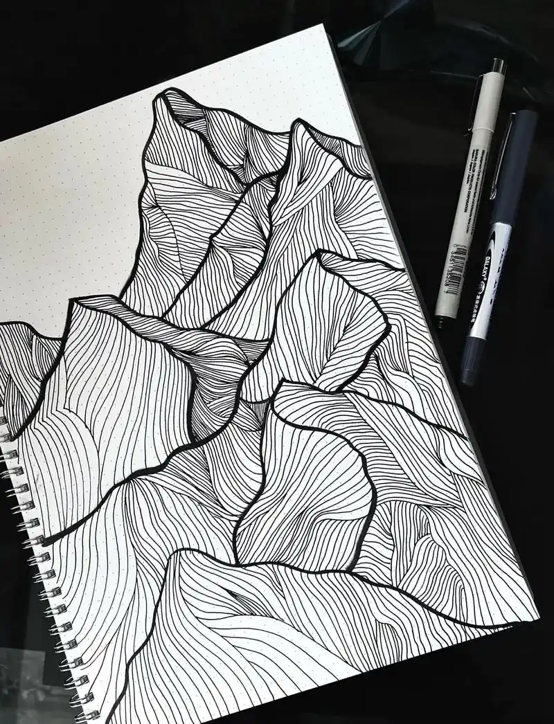 手绘 #高级感 #黑白线描画 山海皆可平 - 抖音