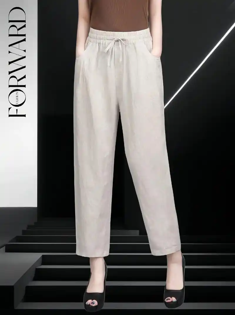 松紧高腰宽松亚麻裤子女裤九分裤 姐妹们,夏天新款九分裤来咯,亚麻
