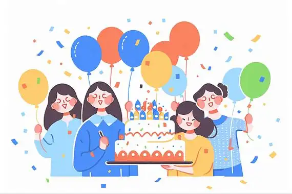 人物快乐的四人在生日聚会上庆祝卡通ai插画