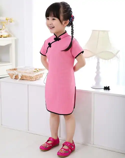 旗袍儿童棉麻夏季纯色改良小女孩旗袍裙中国风幼儿园走秀演出礼服