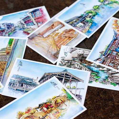 乌镇江南水乡特色中国古镇旅游纪念品装饰卡片手绘风景书签明信片