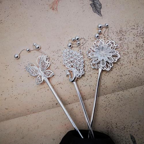 盘发银簪子纯银999发簪古代古风发饰一字素簪步摇汉服女丸子头饰