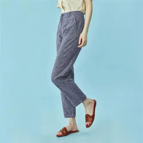 佐丹奴亚麻女装新款休闲裤女生天然麻棉翻边休闲休闲裤