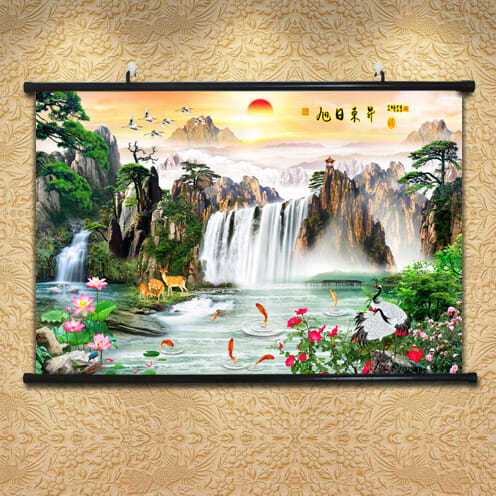 旭日东升挂画招财山水画家庭吉祥壁画卷轴画传统年画流水生财墙画