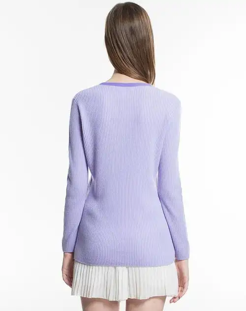 女士浅紫罗兰撞色v领纯羊绒套衫