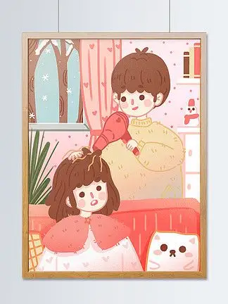 扁平冬天情侣日常在家里帮女朋友吹 i>头 /i> i>发 /i>男孩