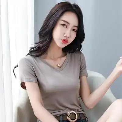 莫代尔短袖t恤女宽松大码夏季胖mm洋气上衣时尚韩版纯色女士体恤