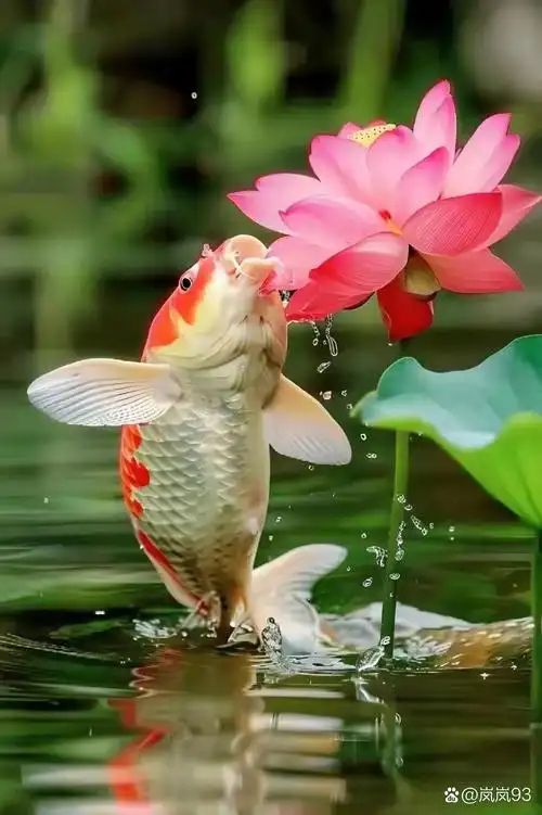 非常难得一见的鲤鱼轻吻荷花,那荷花,荷叶以及整片荷塘皆是清一色的