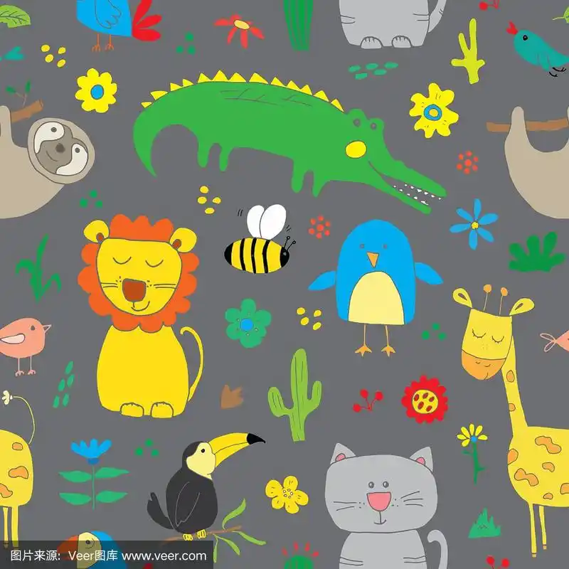可爱的动物无缝图案卡通手绘
