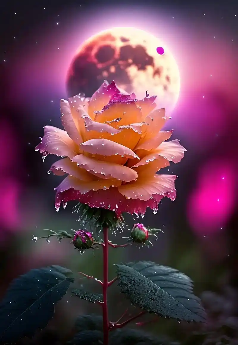 水晶闪亮地玫红玫瑰花,高清现实,一轮圆圆的月亮 - 抖音