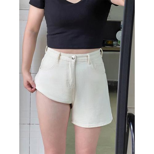 适合胯大腿粗杏色牛仔短裤女夏薄款胖妹妹mm宽松显瘦阔腿五分裤子