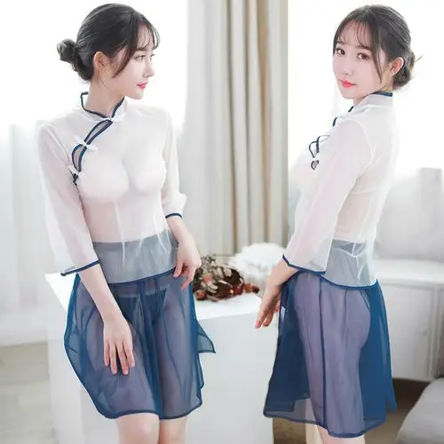 性感透明旗袍复古民国风学生套装超薄网纱诱惑夜场女透视开叉短裙