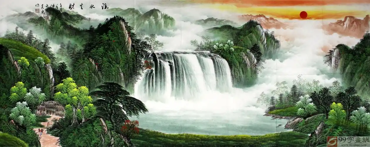 【已售】吴东小六尺聚宝盆山水画《流水生财》