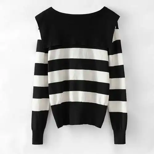 pass粗条纹针织开衫毛衣v领上衣设计感女长袖百搭时尚春装新款潮报价_
