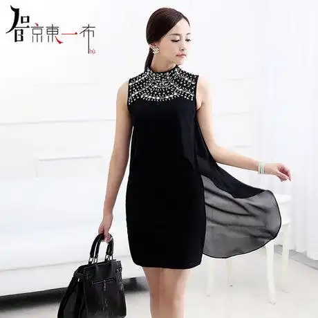 2014夏装新款斗篷连衣裙 立领无袖不规则雪纺拼接背心裙jd20432