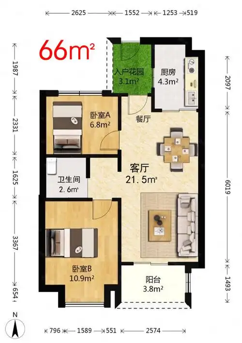 万科又一城2室2厅1卫66.69㎡南北153.9万