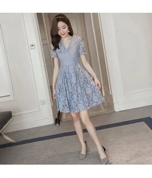 愫惠君suhuijun2017夏季新款韩版v领雪纺蕾丝连衣裙女装气质休闲显瘦