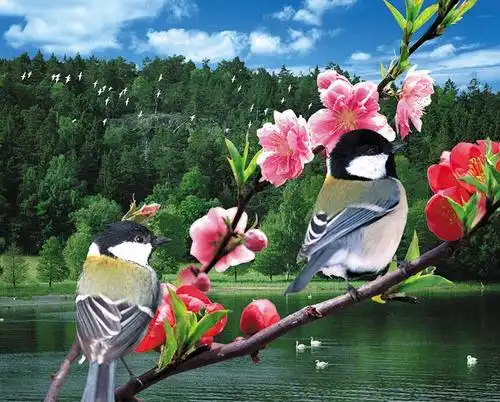 xt14200中式山水湖泊花鸟青山桃花