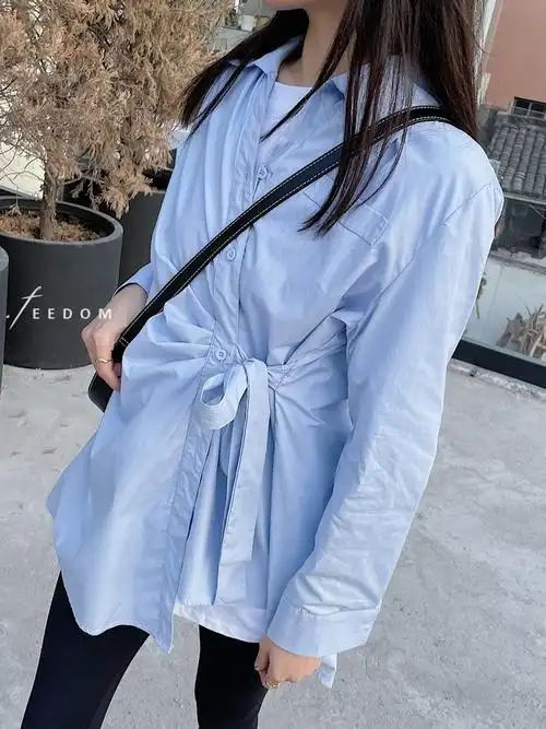 lafreedom蓝色白色不规则打结衬衫d2yboutique衬衫