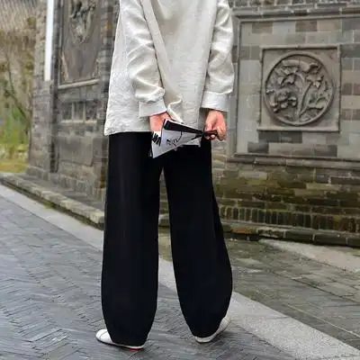 亚麻系带女式太极裤棉麻复古太极拳服装练功武术裤灯笼裤