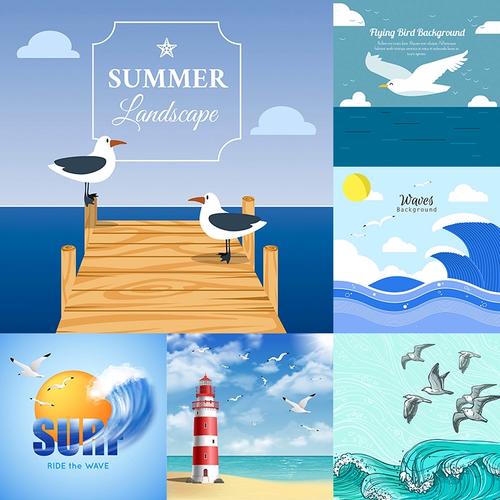 海鸥插画 卡通海边飞翔的海鸟灯塔海报背景 ai格式矢量设计素材
