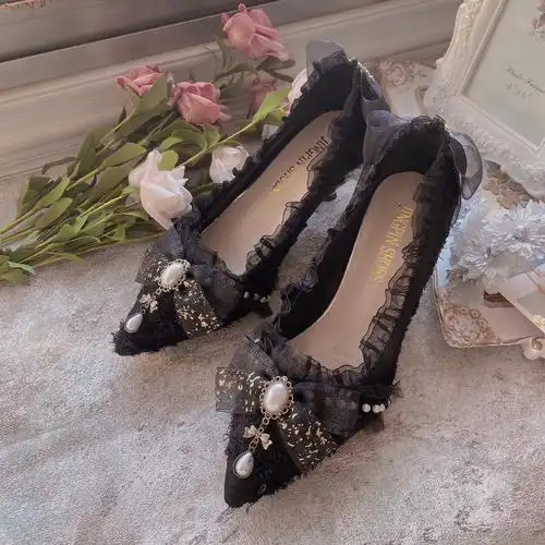 少女lolita手作华丽洛丽塔花嫁高跟高跟鞋鞋子蕾丝洛丽塔鞋类