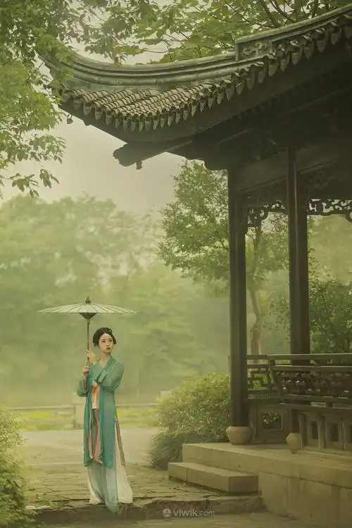 凉亭外打着伞的古装美女图片