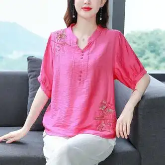 星眉棉麻女装亚麻高档上衣棉麻刺绣夏季短袖t恤减龄时尚遮肚高玫红色