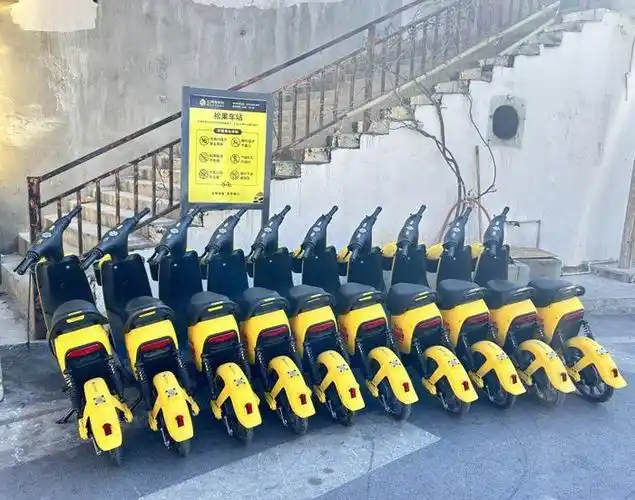 整齐摆放指定车站的松果电单车.