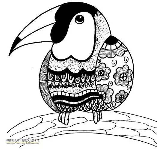 儿童画教程|梦幻色彩 趣味线描穿花衣裳的大嘴鸟